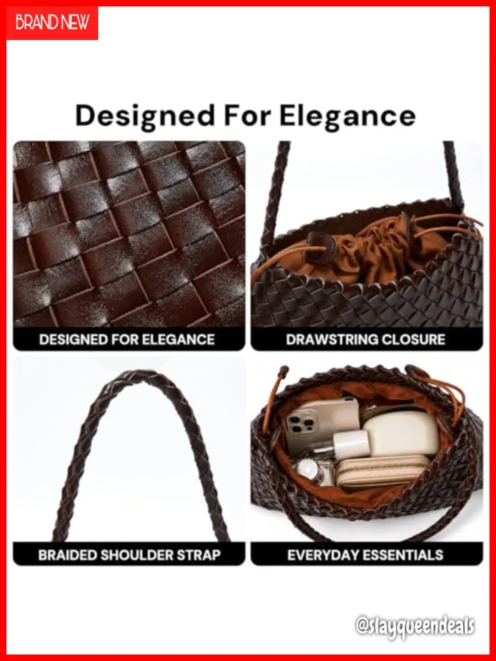 Vegan Leather Woven Hobo Shoulder Purse Drawstring Braided Strap